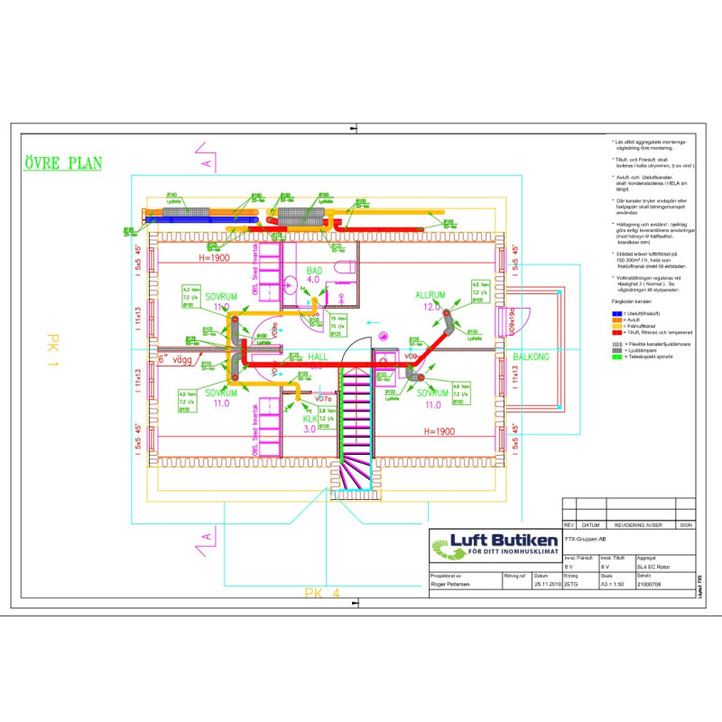 Ventilationsritning FTX system 4-plan 401-500 m2