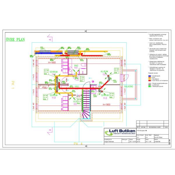 Ventilationsritning FTX system 1-4-plan 501-600 m2