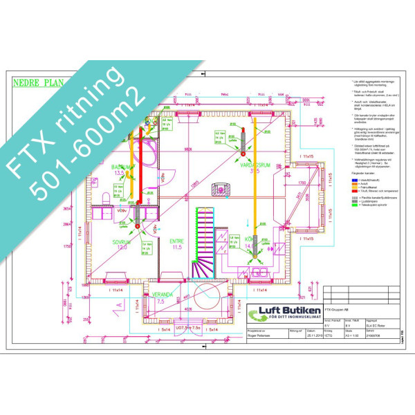 Ventilationsritning FTX system 1-4-plan 501-600 m2