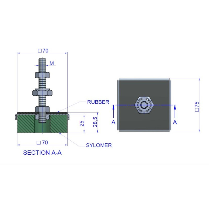 Vibrationsdämpare 70x70 Grön 5-25 kg