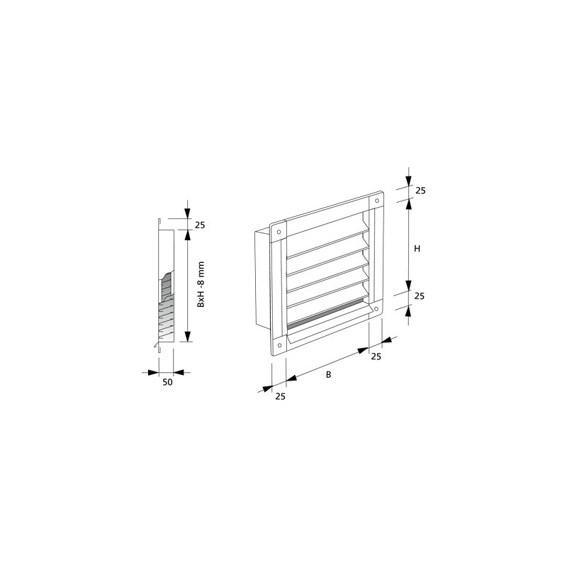 Ytterväggsgaller ABC-YG Aluzink 150x150mm