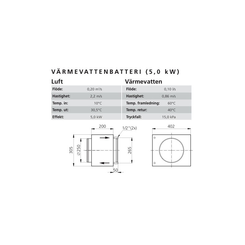 Värmebatteri paket 3-vägsventil Heru 130 T Vatten 5,0kW