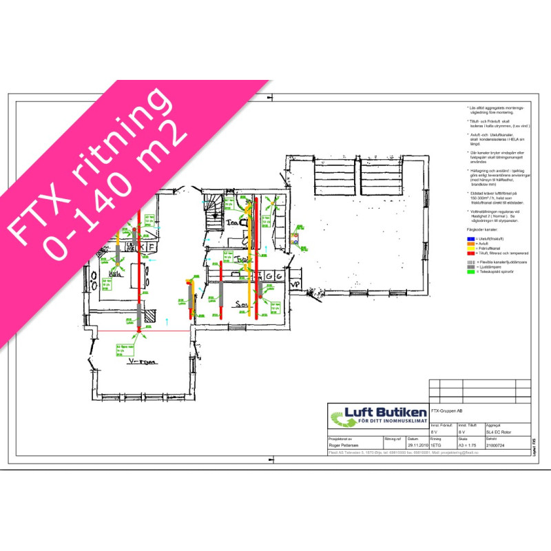 Ventilationsritning FTX system 1-plan 0-140 m2