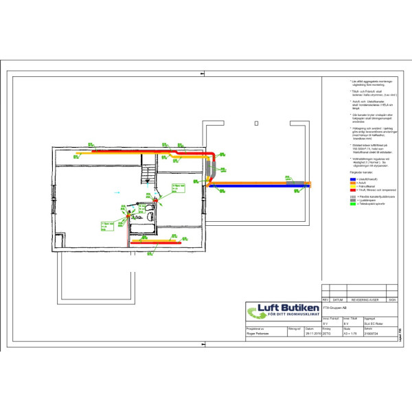 Ventilationsritning FTX system 1-plan 0-140 m2