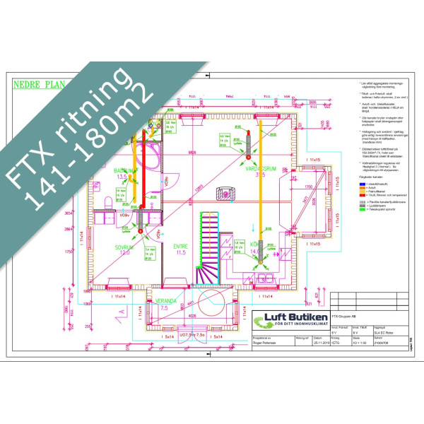 Ventilationsritning FTX system 1-plan 141-180 m2