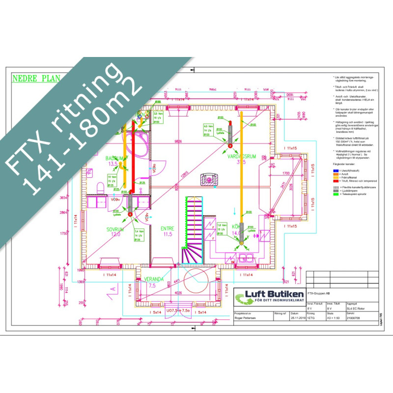Ventilationsritning FTX system 2-plan 141-180 m2