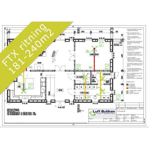 Ventilationsritning FTX system 1-plan 181-240 m2