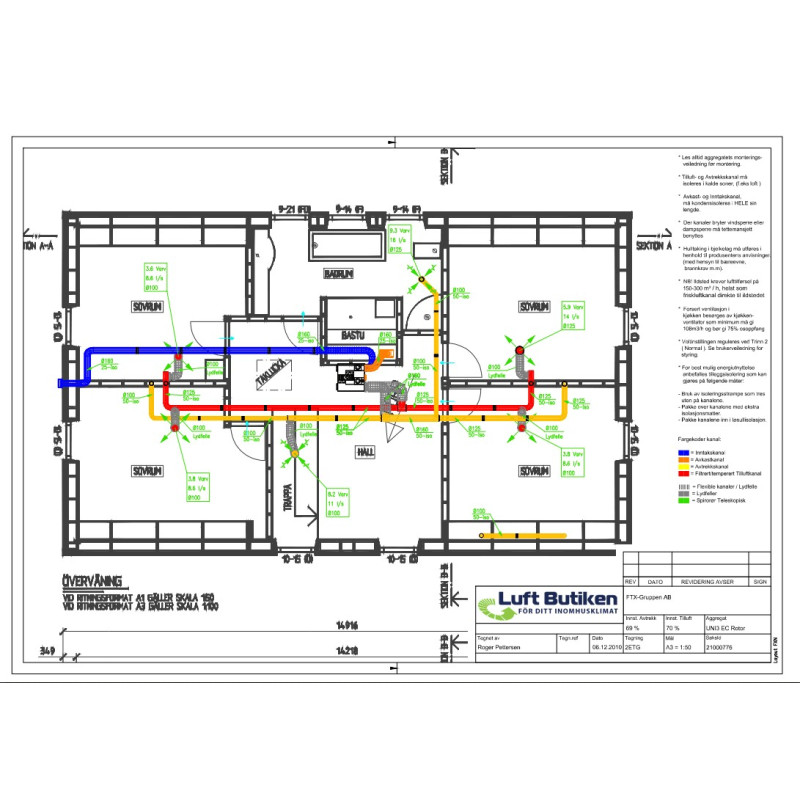 Ventilationsritning FTX system 1-plan 181-240 m2