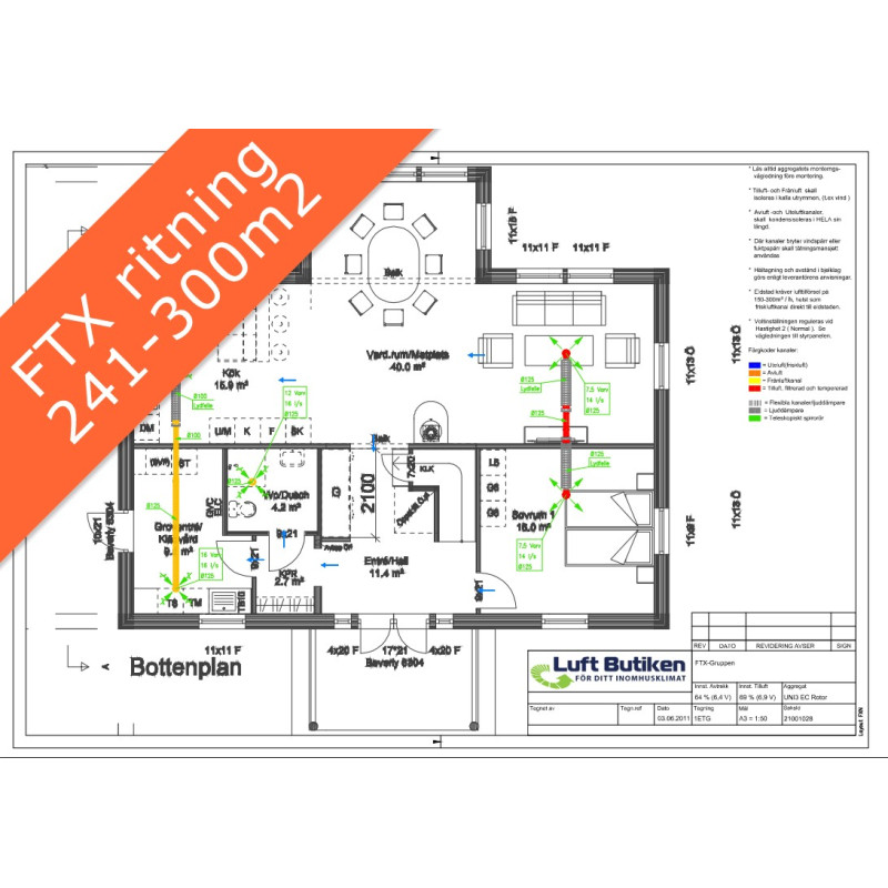 Ventilationsritning FTX system 1-plan 241-300 m2