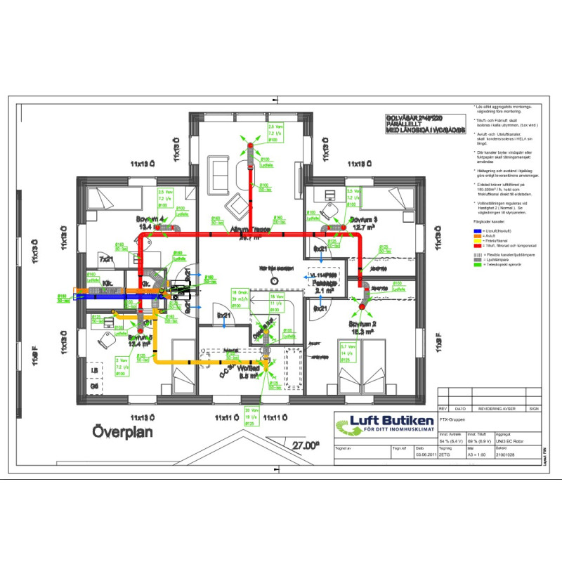 Ventilationsritning FTX system 1-plan 241-300 m2