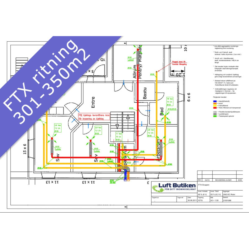 Ventilationsritning FTX system 3-plan 301-350 m2