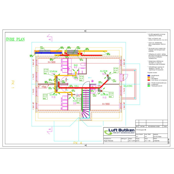 Ventilationsritning FTX system 1-plan 351-400 m2